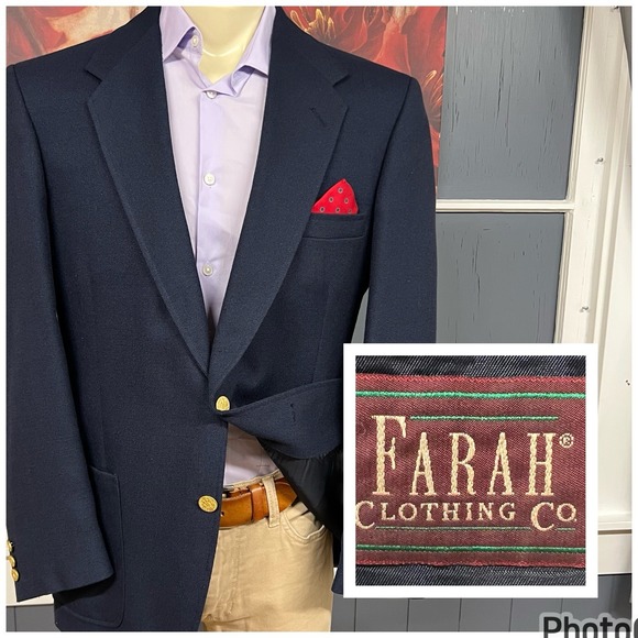 Vintage Farah Textured Blazer Golden Buttons Mens 44R Polyester Rayon Dark Navy
